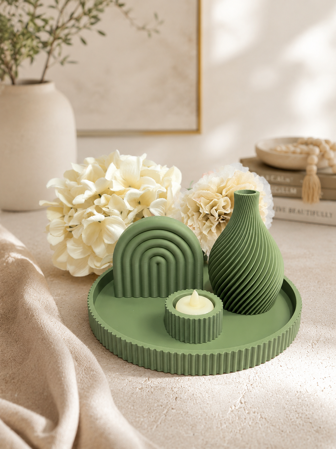 Modern Sage Green Faux Floral Vase &amp; Tray Set