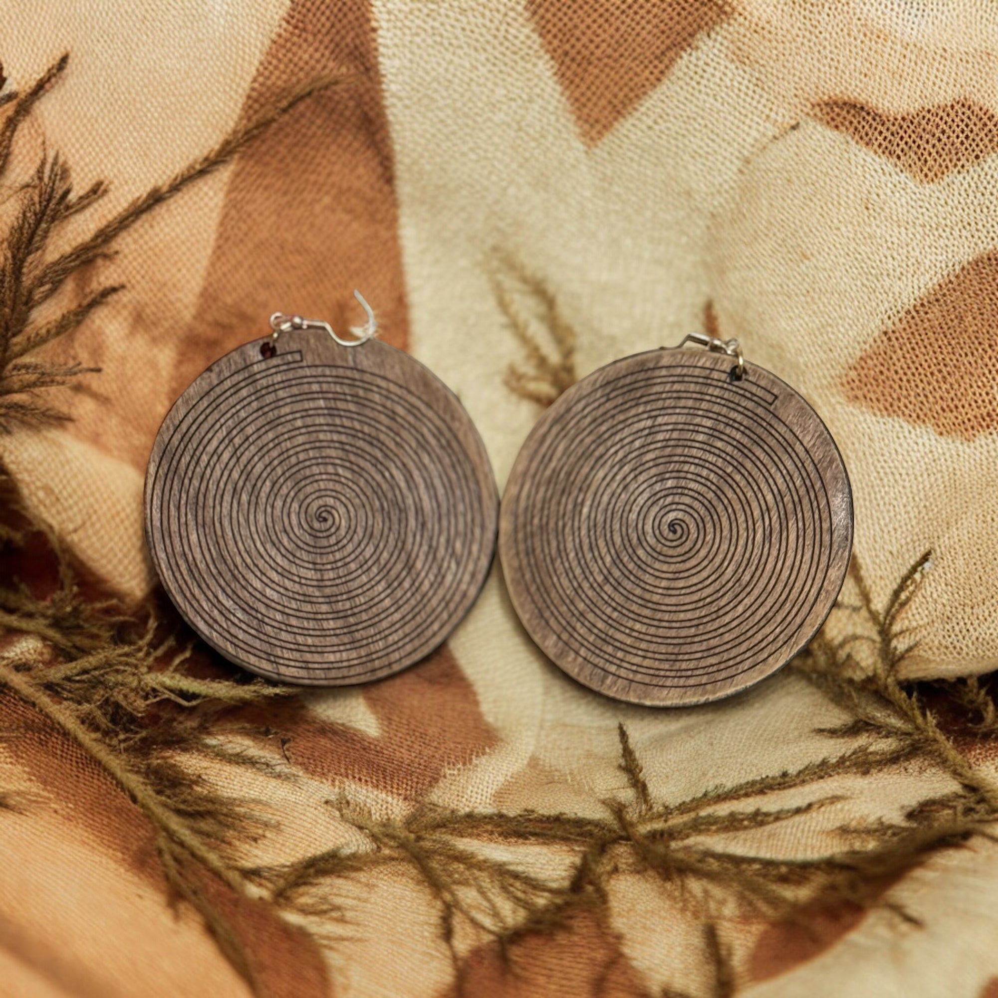 Brown Wooden Earring with spiral pattern