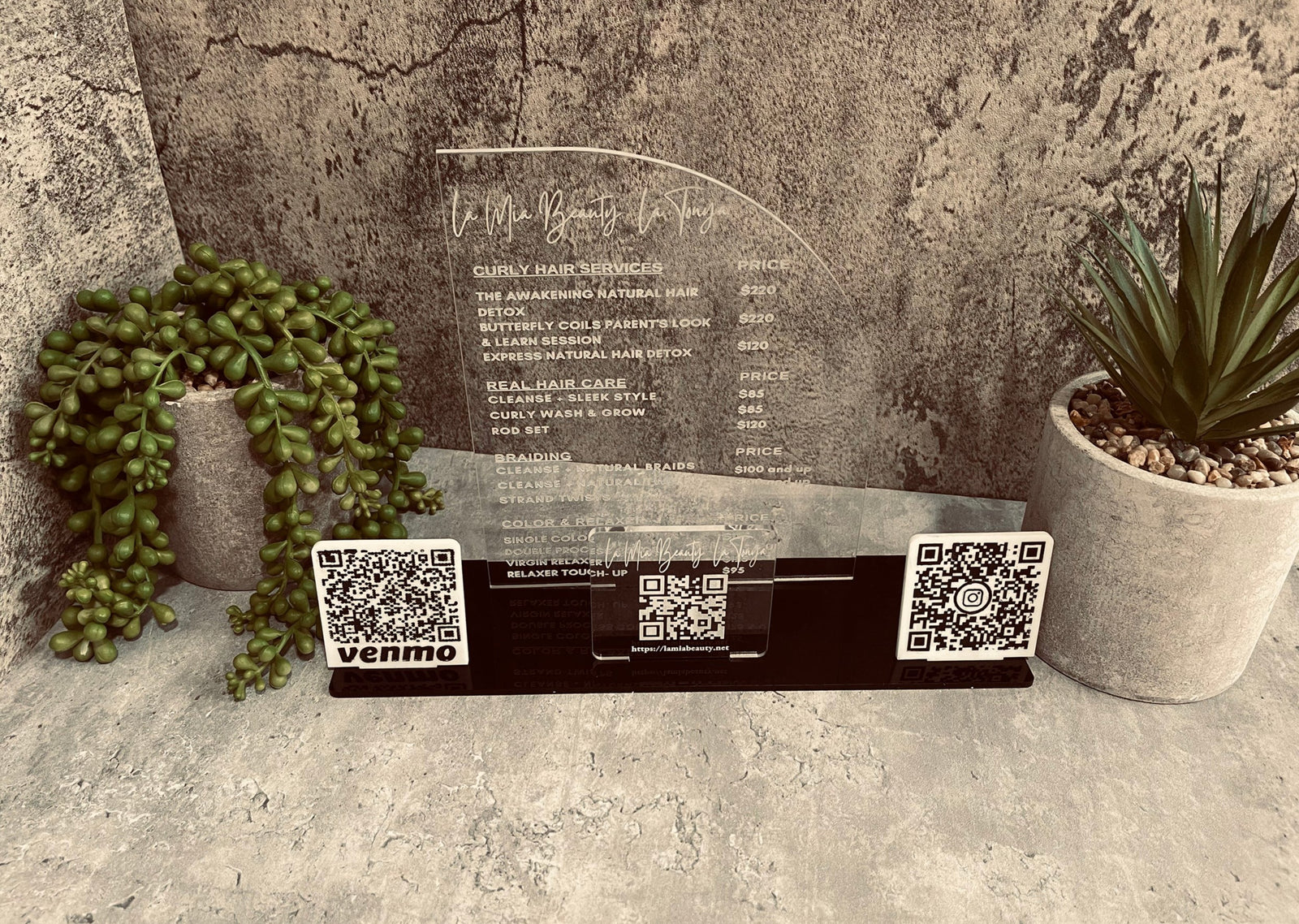 Halfmoon Service Menu (Salon, with social media QR Code, website QR Code)